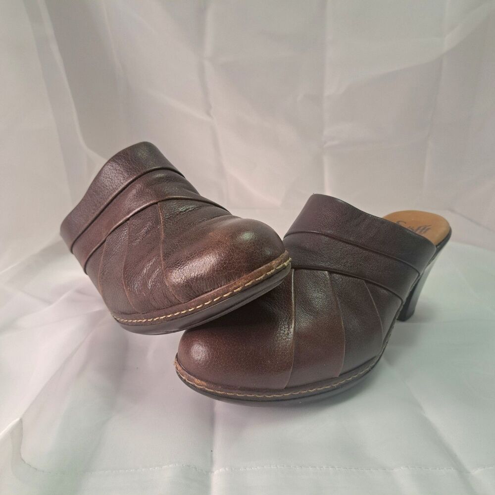 Sofft Brown Leather Mule Block Heel Round Toe Stitched Slip On Women's 9 Teacher